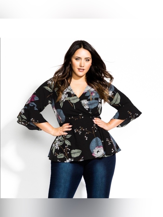 City Chic Tops - City Chic Floral Wrap Top in Black, Size 24W